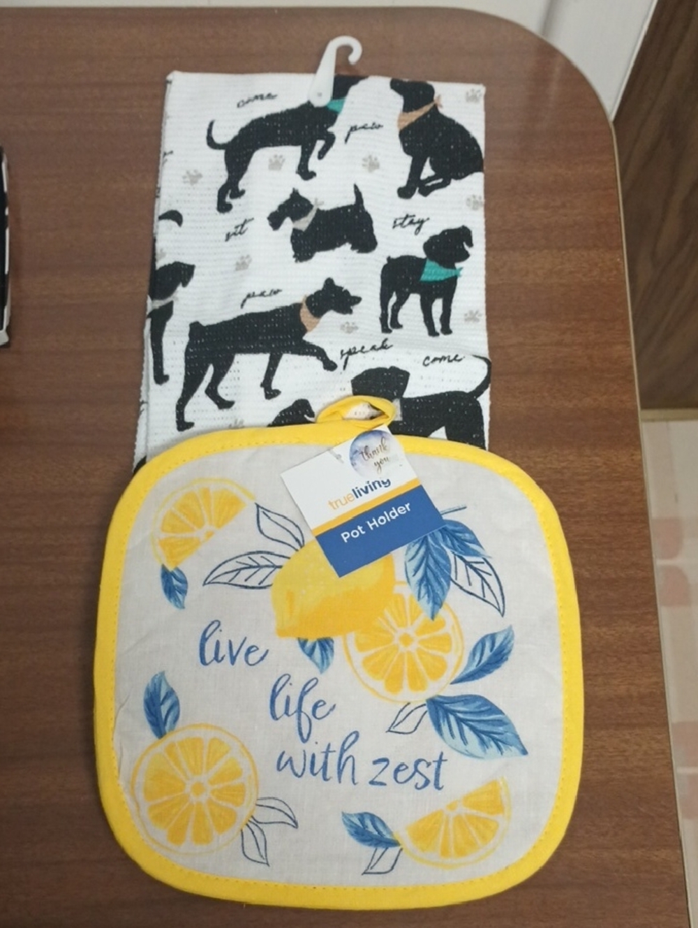 Yellow Lemon Pot Holder and Dog Print Kitchen Towel Set